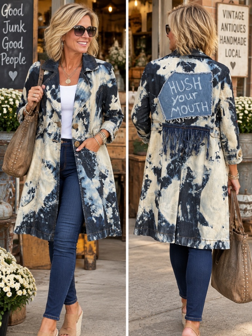 Y2K Vintage Repurposed Recycled Dyed Denim Duster Coat Jacket Gypsy Remade Boho